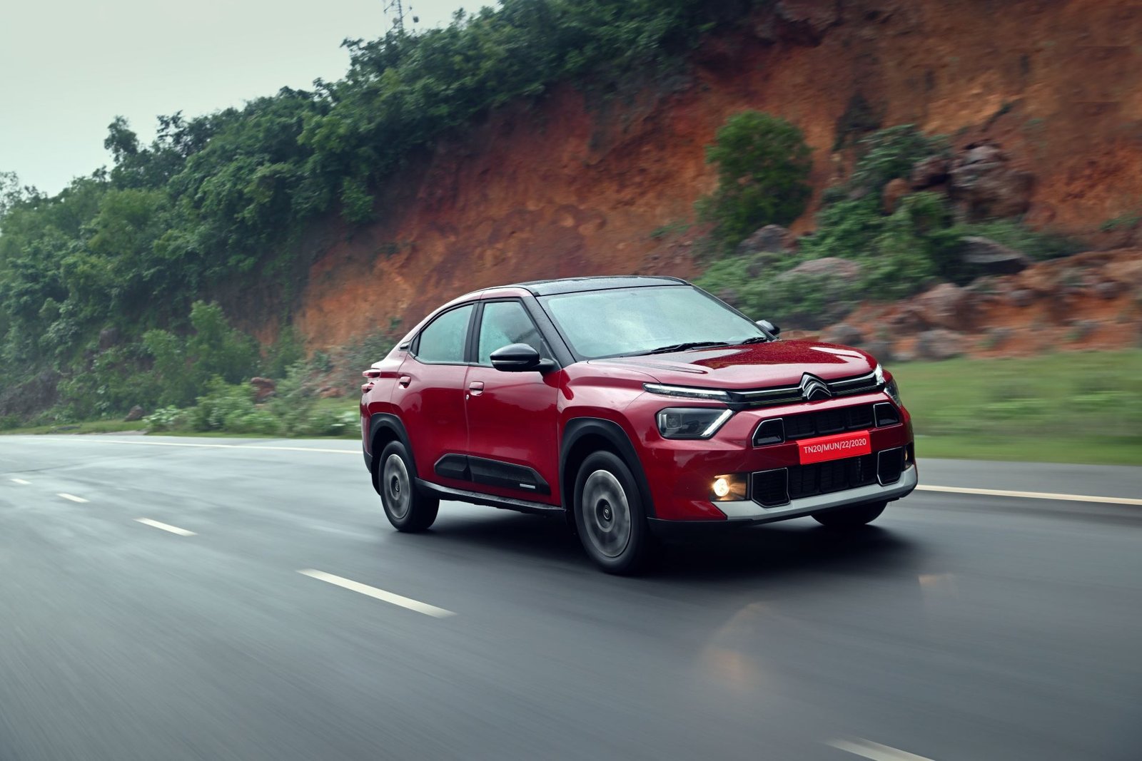 Citroen Basalt in motion, front three-fourths